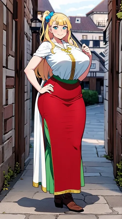 galko,1girl, solo, smile, full body, standing, long skirt, priestess, religious, holy, cute, blush, ,tall female, medieval clothing, white veil, tunic, long skirt,boots, huge brest, curvy,sexy, sensual, volouptouse, thicc, , jade green eyes