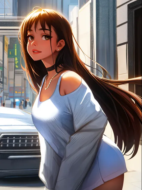 sam yang， 1girll， back， exposed bare shoulders， 黑The eye， dark circles， brown  hair， 耳Nipple Ring， jewely， cparted lips， long whitr hair， looking at viewert， back to look back， choker necklace， cropped shoulders， Lips half open， sportrait， daysies， depth o...