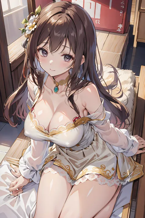 (masutepiece:1.2), (Best Quality:1.2), (((masutepiece))), (((Best Quality))), Perfect eyes, Perfect face,  22 year old princess、Shy smile、Kamimei、Fantasy Medieval City Castle Town , ((medium large breasts))、Puffy nipple、Long wavy hair, dark brown hair, Whi...