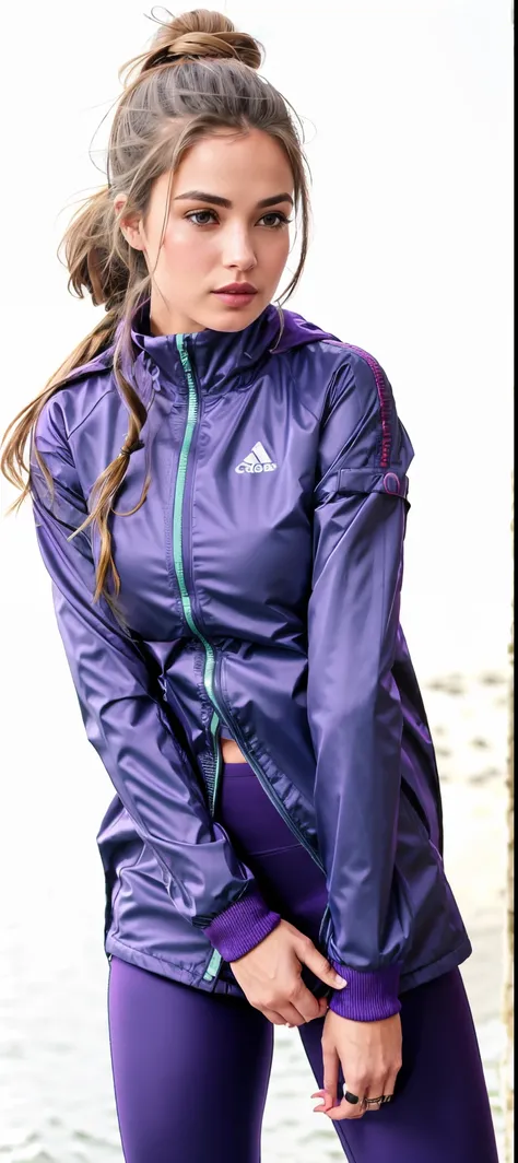 a woman in a purple jacket and blue leggings stands with her hands on her hips, capa de chuva roxa, Purple jacket, she is wearing a wet coat, suit jacket, Hodie Mihi Cras Tibi, poncho, Trem com quilombola, cabo grande, jaqueta esportiva, in tennis jacket, ...