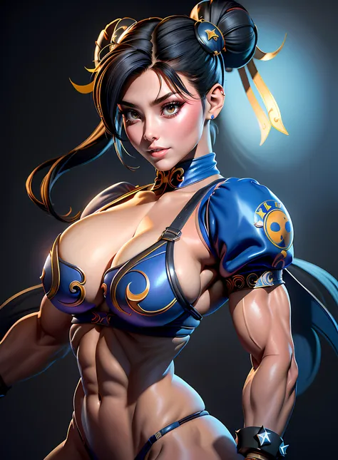 ((Best quality)), ((Masterpiece)), ((Realistic)) and ultra-detailed photography of a girl with goth colors. Chun- li， ((Chun- li)), dressed in (small black micro-thong, black micro-bikini:Star motif ) , ((Beautiful and aesthetic)), muscular fit body abs, S...