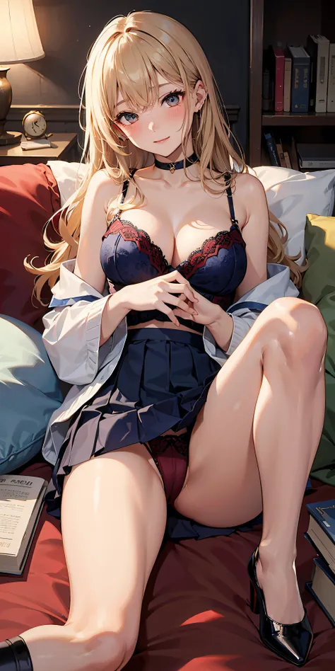 Adult Woman, Sexy Witch Cosplay, Long dark blonde wavy hair、off-shoulder knit, (darkblue pleated skirt), Medium milk, Blushing, Shy laughter, Bare shoulders、(Poses that emphasize breasts)、sexy hips、red lace brassiere、Red lace panties、Black High Heels、Luxur...