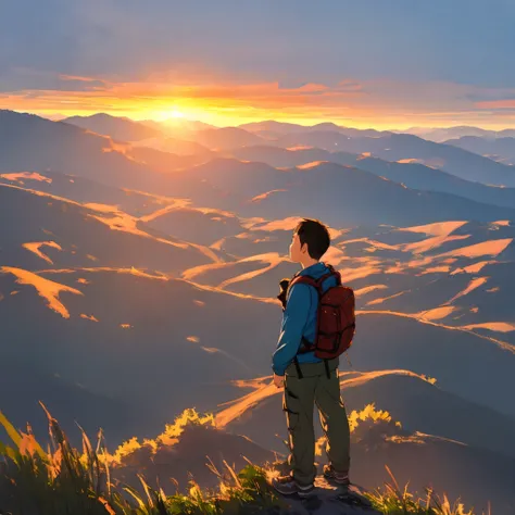 Man hiking, sunrise