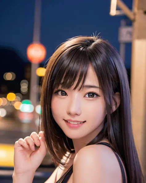 1girl, Tokyo street,night, cityscape,city lights,upper body,close-up,smile,, (8k, RAW photo, best quality, masterpiece:1.2),(realistic, photo-realistic:1.37),