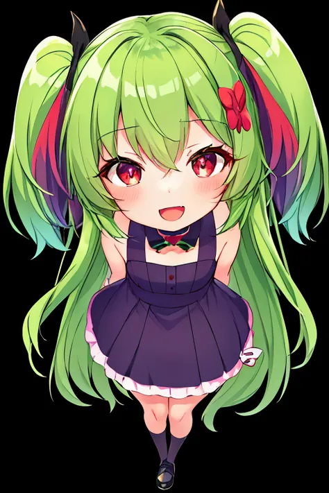 full body, upright, arms at sides, looking at viewer, simple background, 1girl in, open mouth, smile, virtual youtuber,green hai...