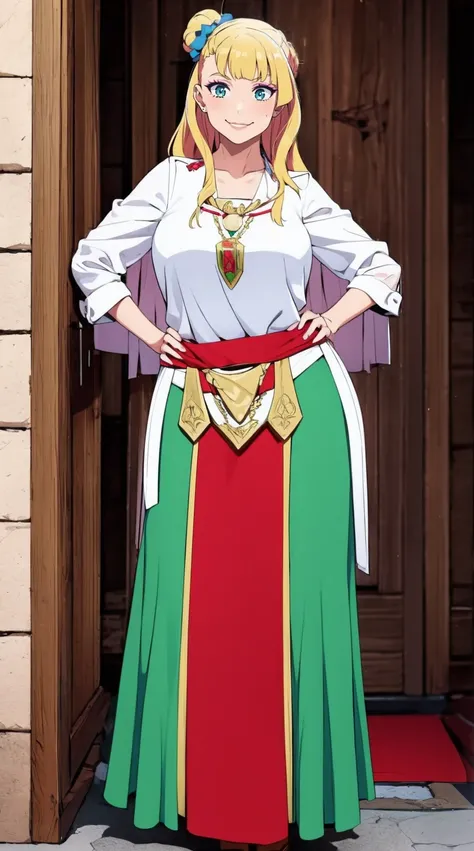 galko,1girl, solo, smile, full body, standing, long skirt, priestess, religious, holy, cute, blush, ,tall female, medieval clothing, white veil, tunic, long skirt,boots, huge brest, curvy,sexy, sensual, volouptouse, thicc, , jade green eyes, makeup, half l...