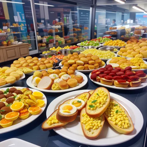 A breakfast buffet with bread, coxinha, salgados, doces, bolos e muito mais.