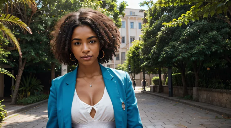 In the vibrant glow of a sunny afternoon on the university campus, a stunning Afro-Brazilian model with a magnificent black power hairstyle, adornado com listras coloridas divertidas, exudes confidence and individuality as you gracefully walk through the g...