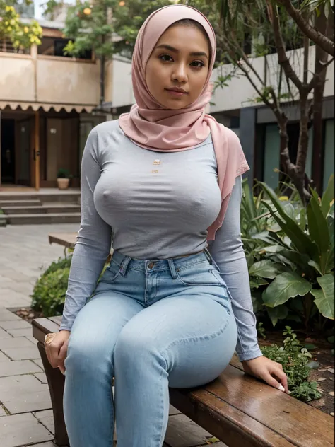 RAW, Best quality, high resolution, masterpiece: 1.3), beautiful Malay woman in hijab, Masterpiece, perfect slim fit body, (big breasts), big gorgeous eyes, Soft smile, wear a pastel loose long sleeve shirt and a tight jeans legging, thick thighs, sitting ...