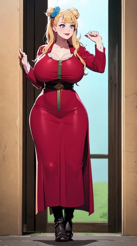 galko,1girl, solo, smile, full body, standing, long skirt, priestess, religious, holy, cute, blush, ,tall female, medieval clothing, white veil, tunic, long skirt,boots, huge brest, curvy,sexy, sensual, volouptouse, thicc, , jade green eyes, makeup, half l...