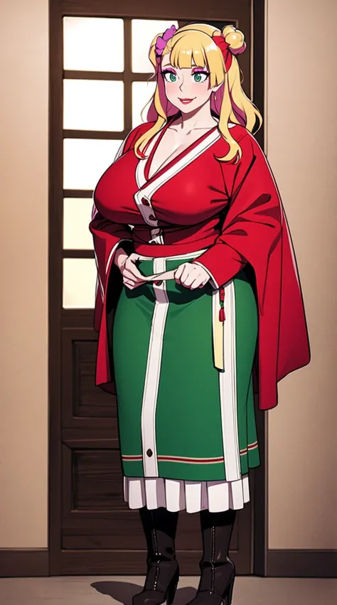 galko,1girl, solo, smile, full body, standing, long skirt, priestess, religious, holy, cute, blush, ,tall female, medieval clothing, white veil, tunic, long skirt,boots, huge brest, curvy,sexy, sensual, volouptouse, thicc, , jade green eyes, makeup, half l...