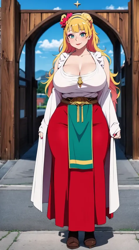 galko,1girl, solo, smile, full body, standing, long skirt, priestess, religious, holy, cute, blush, ,tall female, medieval clothing, white veil, tunic, long skirt,boots, huge brest, curvy,sexy, sensual, volouptouse, thicc, , jade green eyes, makeup, half l...