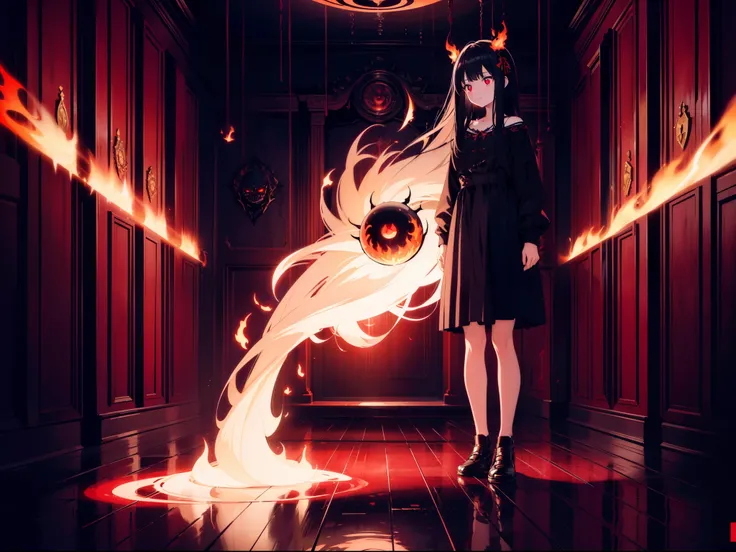 1 loli girl , (standing on black circles) , in red room, (front above) ,((dark lighting)) ,full body,(((black flame))) , concept art, fantasy art, cinematic lighting , cinematic angle , (rape face) ,black long straight hair, black hair, hair ribbon , red e...