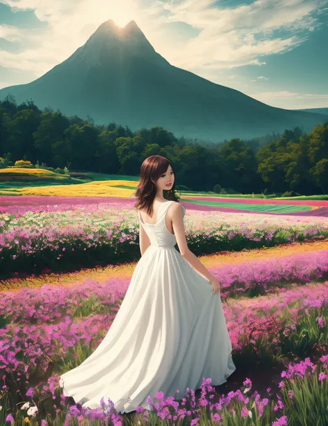 1angelgirl, dynamic angle, cloud and mountain, (flower field:1.4) in the foreground, white dress, light tracing, (floating colorful wind:1) (photorealistic:1.4), official art, unity 8k wallpaper, ultra detailed, beautiful and aesthetic, masterpiece,best qu...