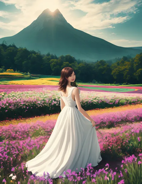 1angelgirl, dynamic angle, cloud and mountain, (flower field:1.4) in the foreground, white dress, light tracing, (floating colorful wind:1) (photorealistic:1.4), official art, unity 8k wallpaper, ultra detailed, beautiful and aesthetic, masterpiece,best qu...