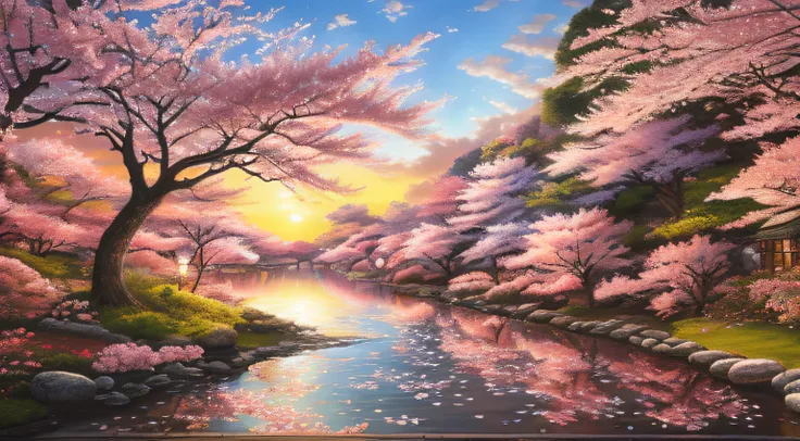 (photorealistic:1.2), illustrated by Hidenori Matsubara, vibrant fantasy landscape, cherry blossom petals falling, illuminated by a warm and inviting sunset, smooth shading and textures, and a subtle glow