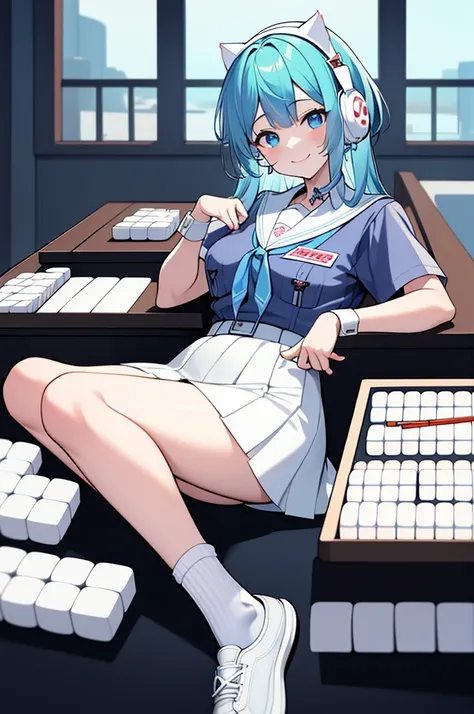 mahjong,​masterpiece,top-quality, shifting, cat ear headphones, blue shirt, sailor collar, white skirt, wrist cuffs, sockes, sne...