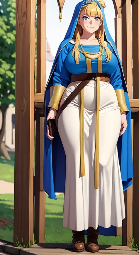 galko,1girl, solo, smile, full body, standing, long skirt, priestess, religious, holy, cute, blush, ,tall female, medieval clothing, white veil, tunic, long skirt,boots, huge brest, curvy,sexy, sensual, volouptouse, thicc, , jade green eyes, makeup, half l...