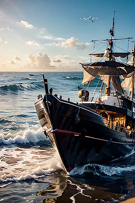 CREATE PHOTO COMPOSITION OF A REALISTIC PIRATE SHIP WITH A GIANT OCTOPUS, AND A LOT OF MIST, CARABERAS IN THE SAND OF THE SEA