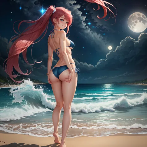 1 girl, (medium boobs))) (((big ass))), (mischievous smile), (showing teeth), (((wearing short bikini))), (long pink hair), (((eyes blue))), (on the beach at night with a starry sky and a moon full of blood), (slender), (thin waist), (butt only), legs (sli...