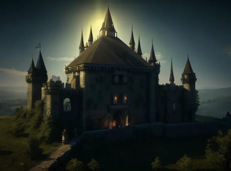 arafed image of a castle with a tree in front of it, castle setting, gothic castle, fantasy building, mysterious exterior, ingame image, high fantasy castle, sun day, watchtower, summer!, hills!, grass, spring, sun!!!, black stone