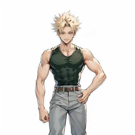 Young man, black shirt, grey pants, blond hair, short hair, messy hair, smiling, muscular, 4k, masterpiece, good anathomy