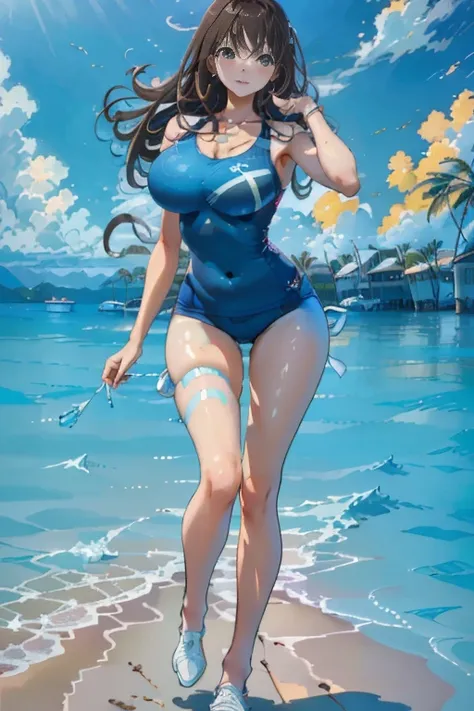 (best quality,high resolution,masterpiece:1.2),ultra-detailed,(realistic,photorealistic,photo-realistic:1.37),vibrant colors,sharp focus,(swimsuit,competitive swimsuit:1.2),beach,beautiful scenery,rippling waves,tropical palm trees,sandy shore,crystal clea...