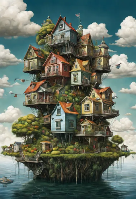 GhibliStyle stacked-houses on floating island, intricate details, by Laurie Lipton, Concept Art,colorfull, high_res,3d style,3d