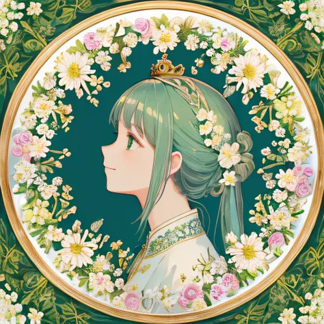 1 girl、​masterpiece、top-quality、Beautifully Aesthetic:1.2、Fractal art:1.3、Pedras preciosas、Detailed clothing、Detailed round picture frame、Crown of delicate flowers、profile、green grass、Petals are fluttering、a smile、