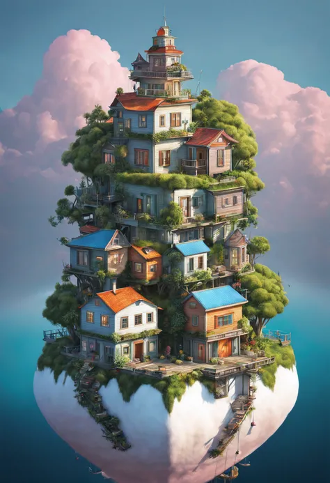 GhibliStyle stacked-houses on floating island, intricate details, by Laurie Lipton, Concept Art,colorfull, high_res,3d style,3d