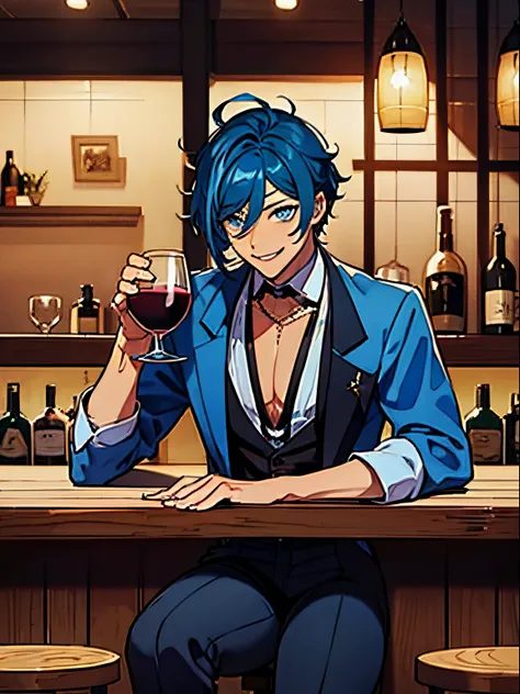 a male with blue hair, blue eyes, black eyepach on the right eye, sitting on a bar, holding a cup of wine, smiling charming