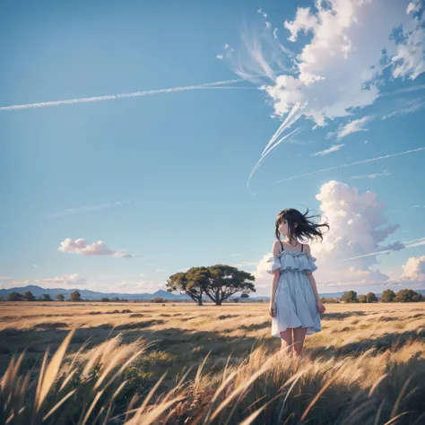 grass field、blue open sky、White cumulonimbus clouds、contrail、glowing sun、Steppe grass swaying in the wind、Photoquality、Live action、Realisticity、Transparency、Realistic depiction、The 8k quality、nffsw、Digital SLR、hightquality、film grains、FujifilmXT3、Girl in w...