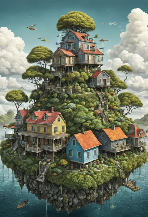 GhibliStyle stacked-houses on floating island, intricate details, by Laurie Lipton, Concept Art,colorfull, high_res,3d style,3d