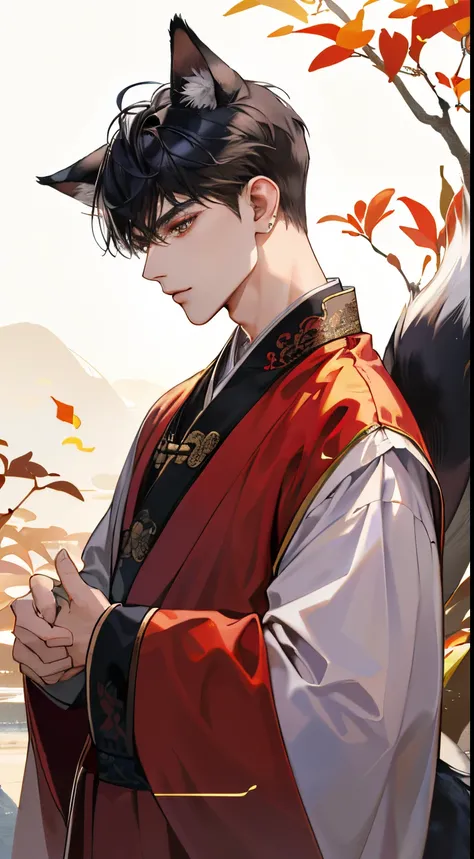 (Best Quality、8K,absurderes,highest grade,Portrait,Short hair, Very short hair,Piercing、wearing fox ears and tail、Ancient Chinese robes that dress delicate and beautiful men、Dark fantasy world.....、Dark night background、Looking over here