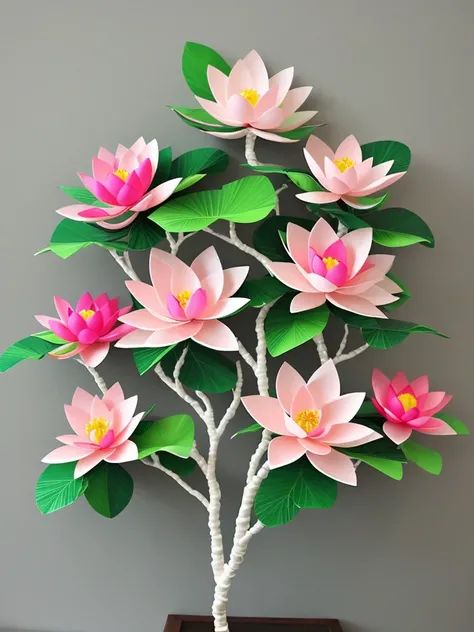 A tree made by ivory and leaves made by  colourfull feathers and fruits made by silver pearls a pink Lotus flower