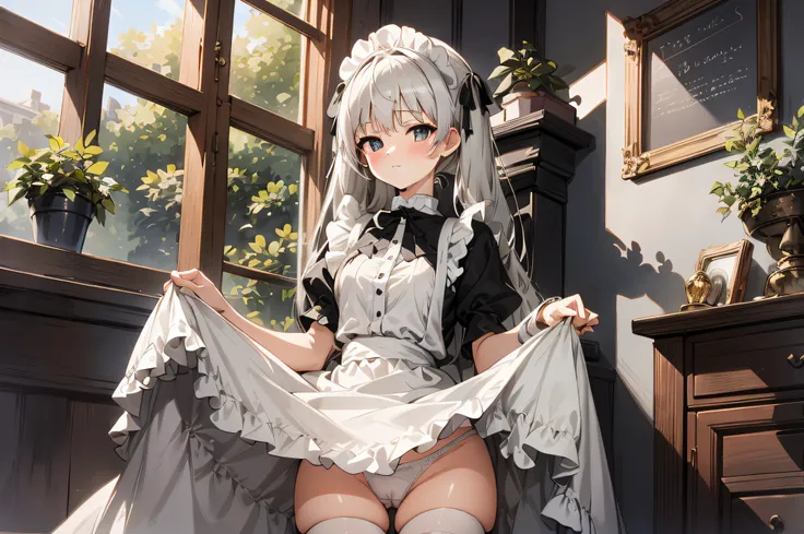 high-level image quality、top-quality、Detailed drawing、Reddening cheeks、Slender adult beauty、Maid clothes、Small eyes、kneehigh、Stockings、B cup，Silvery-white hair，double tails，Gray-black pupils，Pupil highlight，Shoulders exposed，Quiet and spacious study，Potted...