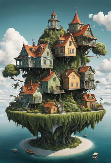 GhibliStyle stacked-houses on floating island, intricate details, by Laurie Lipton, Concept Art,colorfull, high_res,3d style,3d