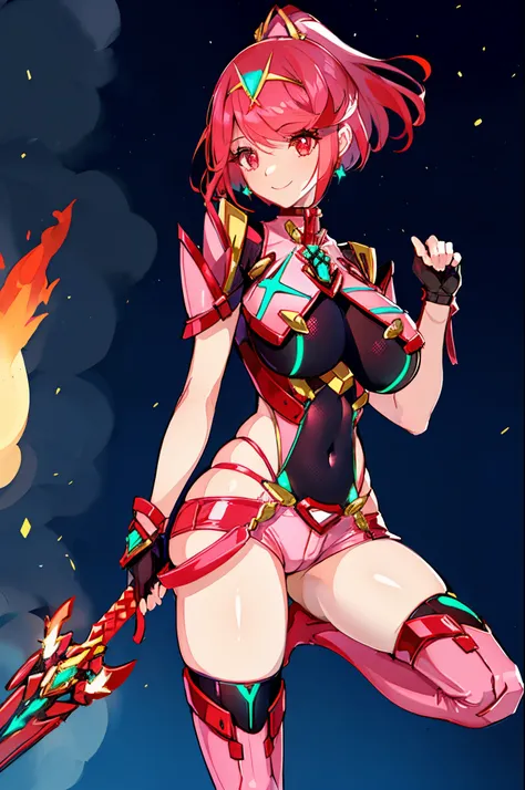 pyra (xenoblade), teen_1girl, loli, bangs, black gloves, breasts, red eyes, shout, earrings, eyelashes, fingerless gloves, floating hair, , gem, gloves, hair ornament, headpiece, jewelry, gigantic_breasts, leaning back, swimsuit, neon trim, official art, p...