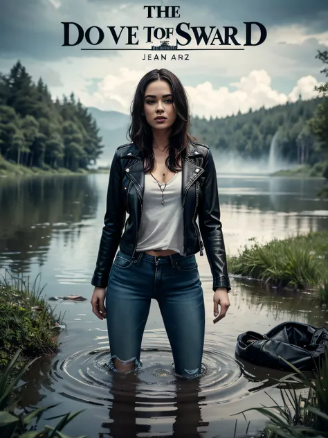 Advertising poster, The woman, drowning in a swamp, Jeans, leather jacket, gloomy ecstasy