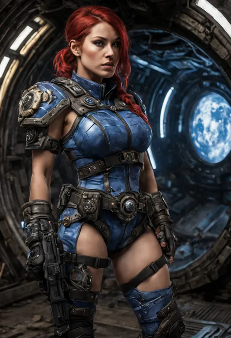 mujer alienigena extraterrestre, considerada como una de las razas mas bellas de la galaxia, con una cara, ojos y labios sensuales, vestida con uniforme sexy de gears of war con minifalda, ((se encuentra en centro de control de estacion espacial)). hiperre...