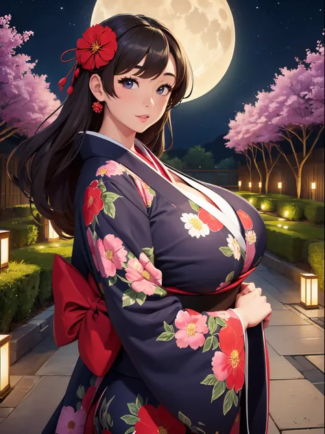 Best Quality, high_resolution, Distinct_image, Detailed background ,girl, japanese kimono,flower,garden,Moon, Night,Dutch Angle, Wide Shot, ,(huge bust:1.4)