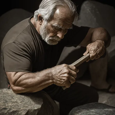 Use chisel to strike，Close-up of chisel striking in thick granite, Granite has cascading chisel marks accounting for photo 1/3 area，Man sitting next to a rock and chiseling the rock with his hands, age 60，of a real, Sweaty face,Self-confident, Light cinema...