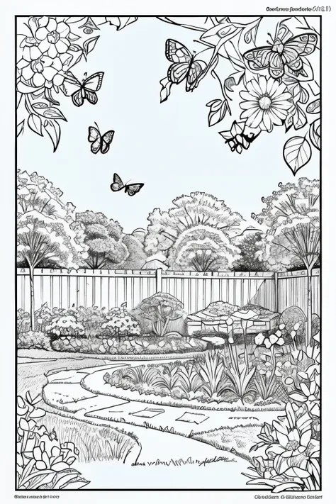 A Coloring book page with a cheerful garden full of blooming flowers, buzzing bees, and colorful butterflies for an adult.