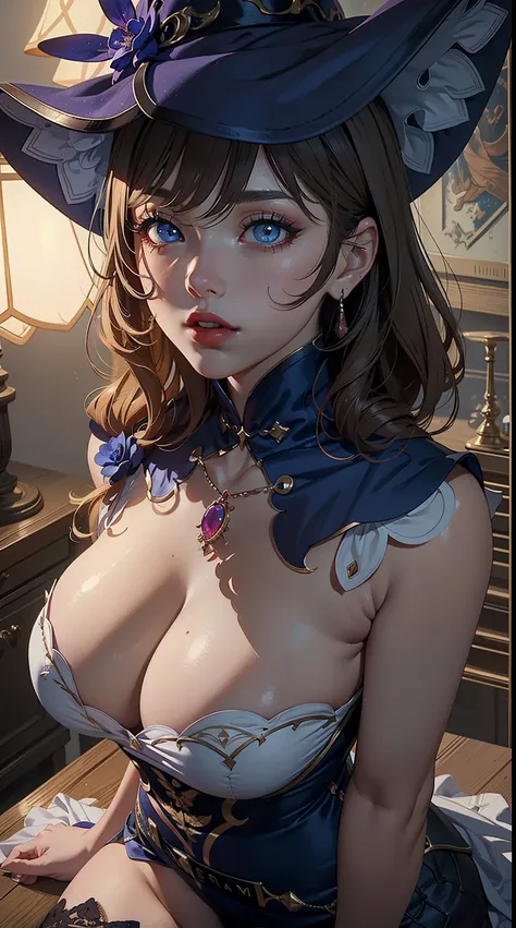 ((masterpiece)),(bestquality),((ultra-detailed)), ((beautiful detailed sky)), ((cinematic lighting)), depth of field, (dynamic angle),detailed lighting,((beautiful detailed eyes)), ((lewd poses)),red lip, eyeshadow,large breast, cleavage, ((erotic)), ((lis...