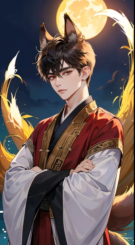 (Best Quality、8K,absurderes,highest grade,Portrait,Short hair, Very short hair,Piercing、Has fox ears and a tail、Ancient Chinese robes that dress delicate and beautiful men、Arms crossed、Dark fantasy world.....、dark autumn night background、Looking at the cam...