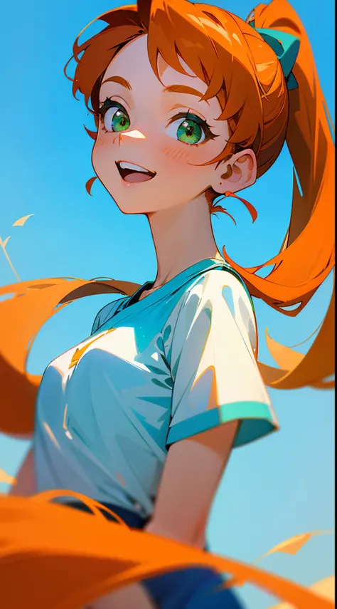 17 years old girl,Orange hair、large round green eyes、Side Ponytail、small tits、Sky blue solid color background, Pure blue background, Dark blue background, White T-shirt,  Laugh, high-angle、portraitures