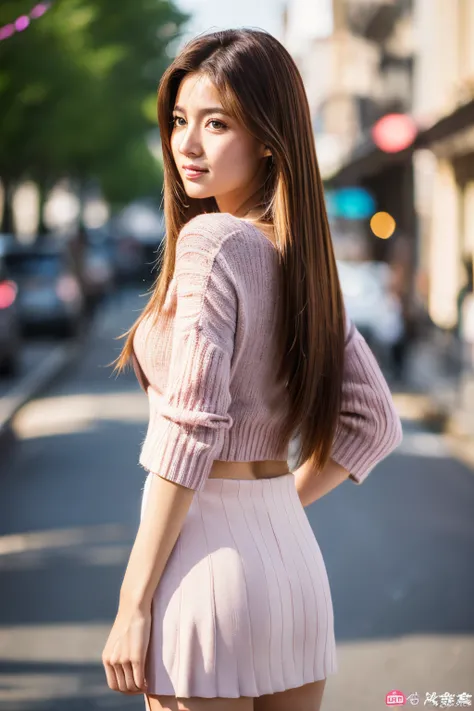 ((top-quality、in 8K、​masterpiece:1.3))、foco nítido:1.2、Beautiful woman perfect body:1.4、Slim abs:1.2、((Longhaire、straight haired:1.2))、(Dark pink knitwear、tight skirts:1.1)、(Sateen、a street:1.2)、wetbody:1.5、Three-dimensional texture、A detailed eye、Brown ha...