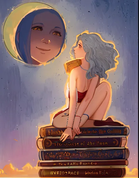 pintura de uma mulher sentada sobre uma pilha de livros com uma lua ao fundo, sentado em uma lua, na lua, Deusa da Lua, Olhando para a lua, inspirado em Raymond Briggs, The moon behind her, In front of the Moon, para a lua, Deusa da Lua, Goddess of the Hun...