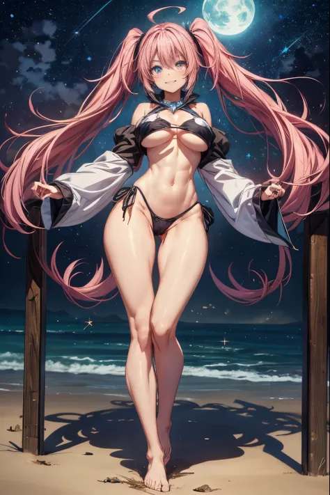 1 girl, (medium boobs))) (((big ass))), (mischievous smile), (showing teeth), (((wearing short bikini))), (long pink hair), (((eyes blue))), (on the beach at night with a starry sky and a moon full of blood), (slender), (thin waist), (butt only), legs (sli...