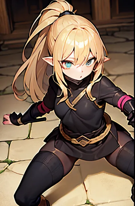 dungeon＆dragons　dark blonde green eyes　Light skin tone　１1 year old girl with ponytail　Wearing a thin female ninja costume　Ninjutsu　Exploring the labyrinth